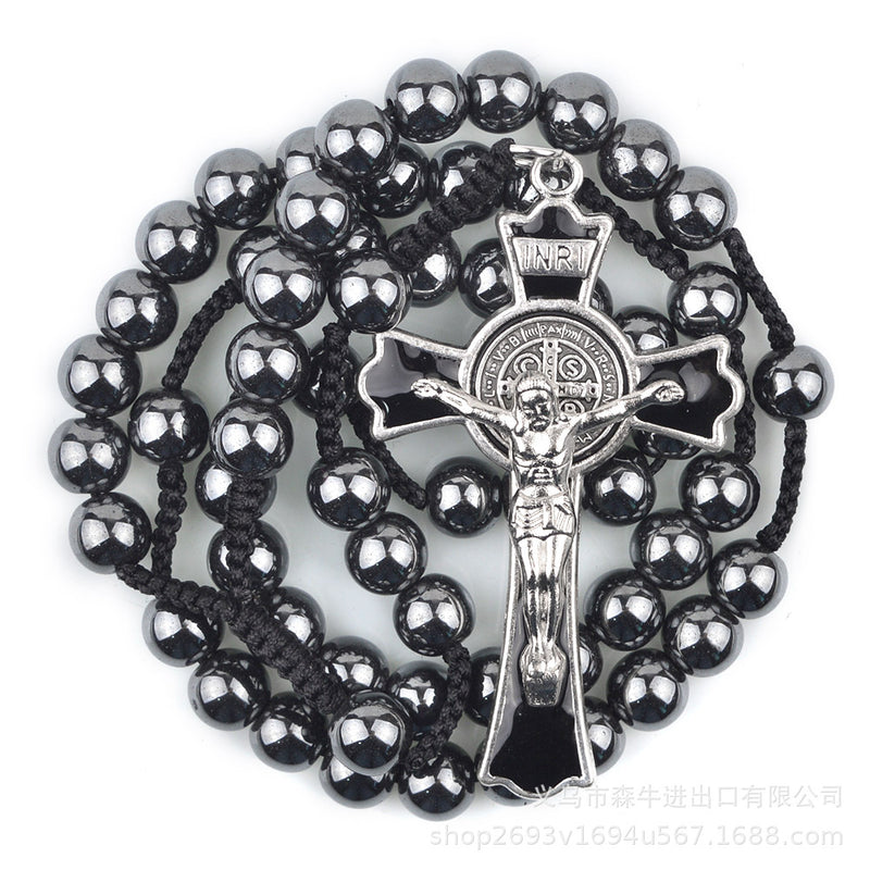 Men's High-End Black Onyx Beaded Religious Necklace