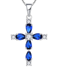 YL Cross Necklace 925 Sterling Silver Gemstone Pendant Created Sapphire Religious Jewelry for Women
