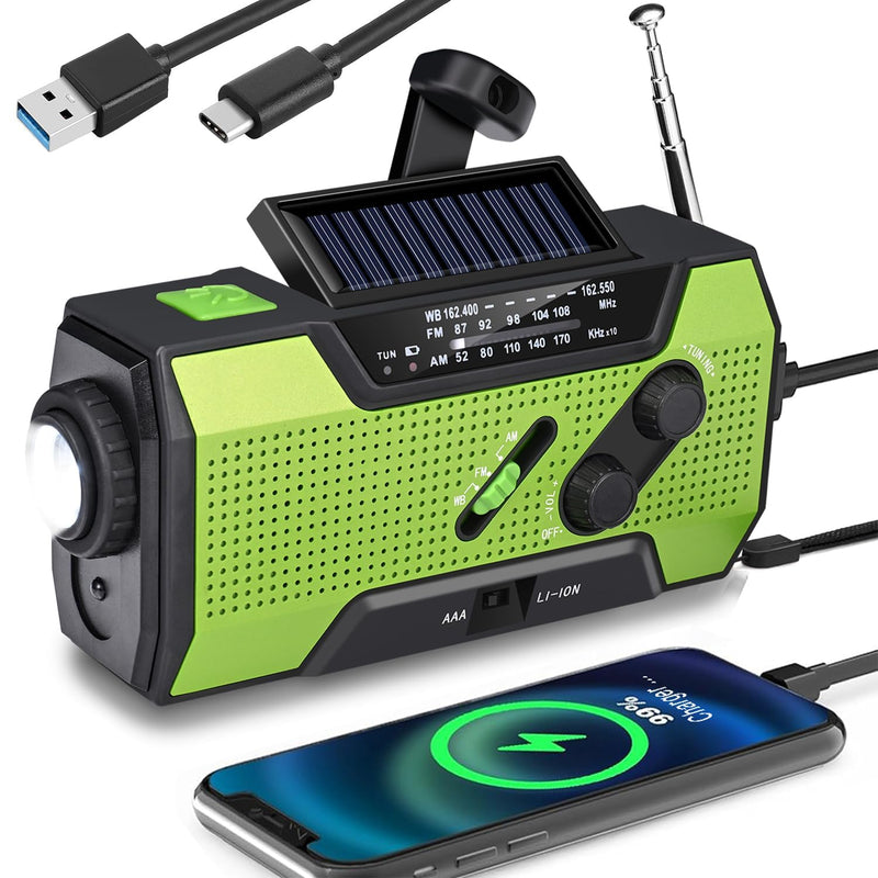 WenBelle Emergency Weather Radio Hand Crank Portable Solar Charging with AM/FM/NOAA LED Flashlights Reading Lamp SOS Alarm Rechargeable (WB02 Green)