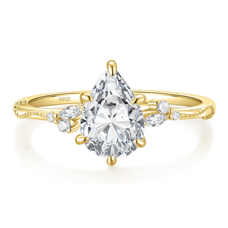 EAMTI 2CT 925 Sterling Silver Engagement Rings Pear Cut Gold Wedding Teardrop Bridal Rings Halo Cubic Zirconia Promise Rings for Women Size 7.5