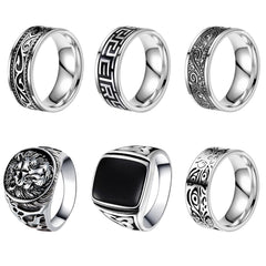 FIRSAUKI 6Pcs Stainless Steel Rings for Men Greek Signet Thumb Silver Retro Carving Celtic Band Rings Vintage Biker Band Rings Set 9