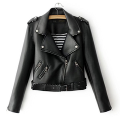 Fashionable Short PU Leather Jacket with Belted Waist