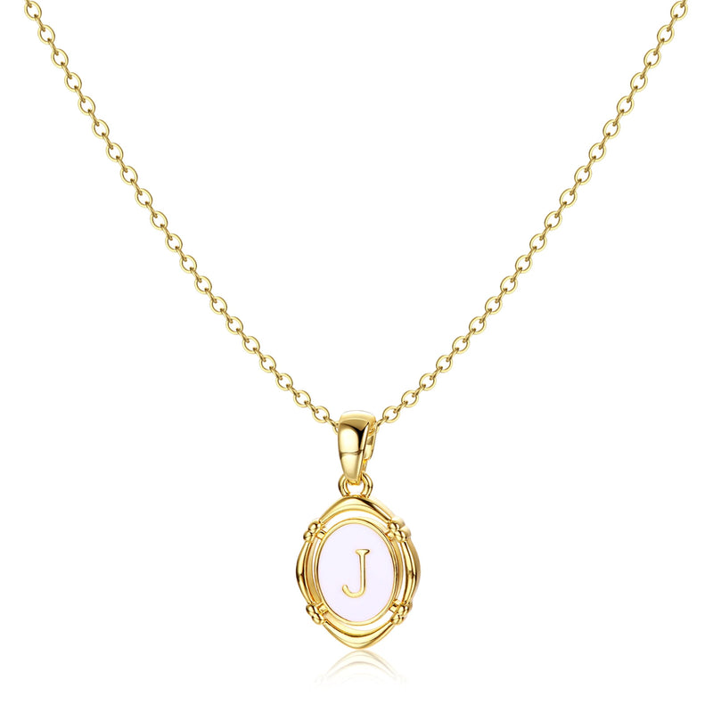 Krfy Gold Initial J Necklaces for Women - Dainty Charm Necklaces 14K Gold Plated Oval Letter White Enamel Personalized Name Necklaces for Women Trendy Gold Necklace Jewelry