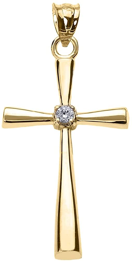 Religious Jewelry 10K Yellow Gold Solitaire Diamond Accented Cross Pendant Charm