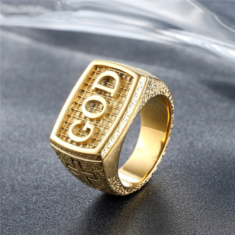 Retro Religious Cross God Men's Titanium Steel Ring