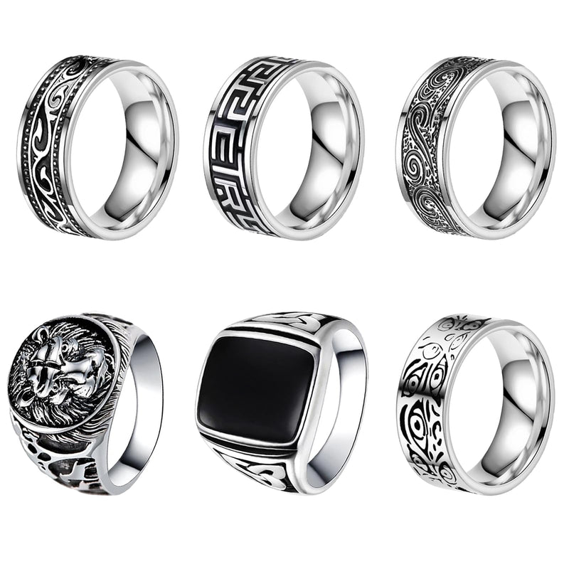 FIRSAUKI 6Pcs Stainless Steel Rings for Men Greek Signet Thumb Silver Retro Carving Celtic Band Rings Vintage Biker Band Rings Set 9
