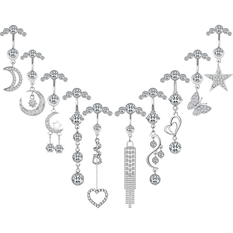 NEWITIN 10 Pieces 14G Belly Button Rings Dangle 316L Surgical Steel Navel Rings Cubic Zirconia Belly Piercing Jewelry Belly Dangle Rings for Women