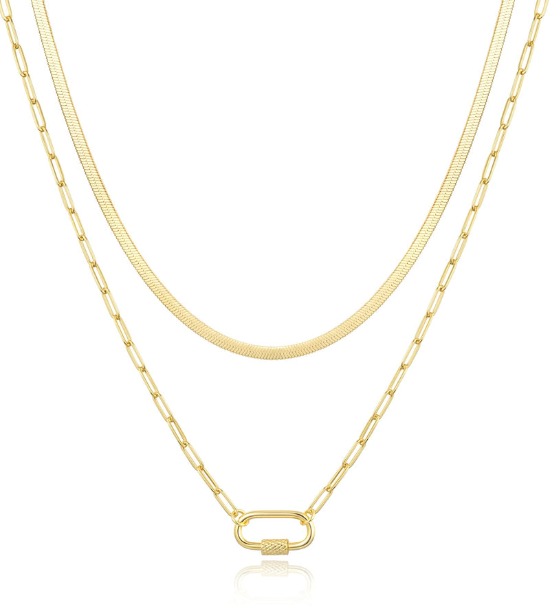 Jewlpire Dainty Gold Necklace for Women 14k Plated Gold Layered Necklaces for Women Trendy Herringbone Chain Paperclip Chain Necklaces for Women Stackable Necklaces for Women